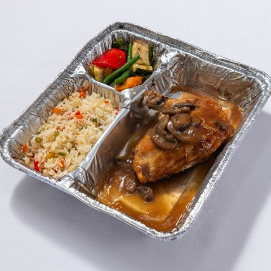 Chicken Marsala (M) Plastic - HOT MEAL / dbl. WRAPPED IN FOIL FOR ON SITE HEATING