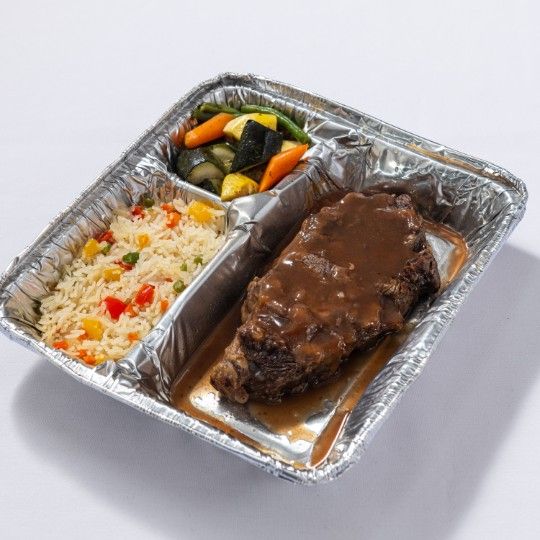 Grilled Rib Steak, Au Jus (M) Plastic - HOT MEAL / dbl. WRAPPED IN FOIL FOR ON SITE HEATING
