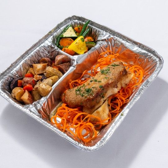 Miso Glazed Sea Bass (P) Plastic - HOT MEAL / dbl. WRAPPED IN FOIL FOR ON SITE HEATING