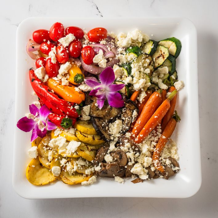 Grilled Eggplant, Roasted Pepper, Cherry Tomato & Feta (D)