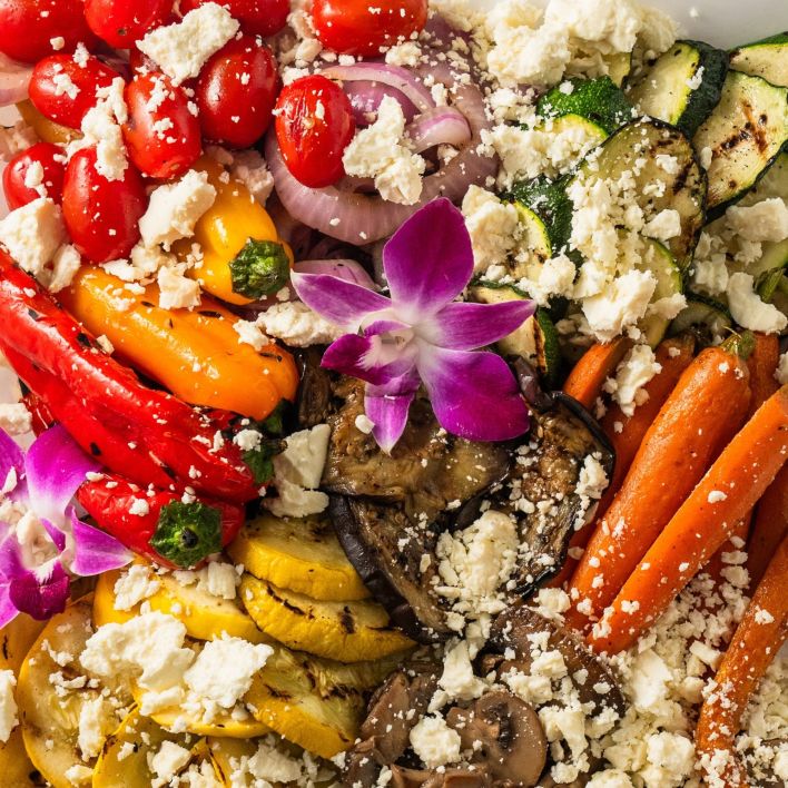 Grilled Eggplant, Roasted Pepper, Cherry Tomato & Feta (D)