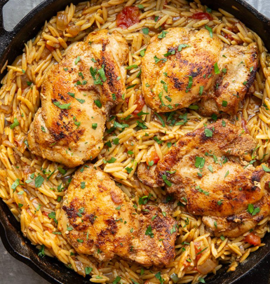 Skillet Blackened Chicken Thighs and Orzo