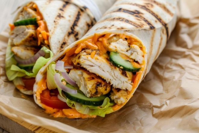 Chicken Burrito and Potato Wedges