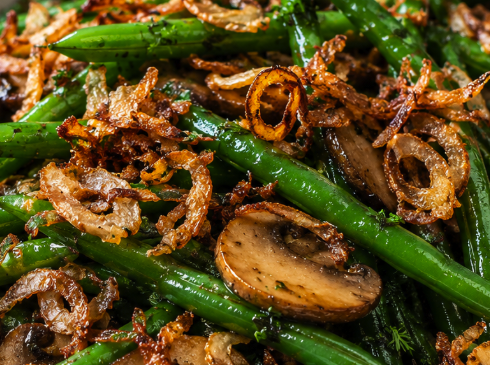 Haricots Verts with Caramelized Onions, Mushrooms & Crispy Shallots